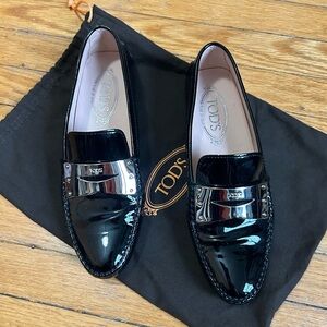 TOD’S Gommino black patent leather loafers, BNWOB, size 37.5